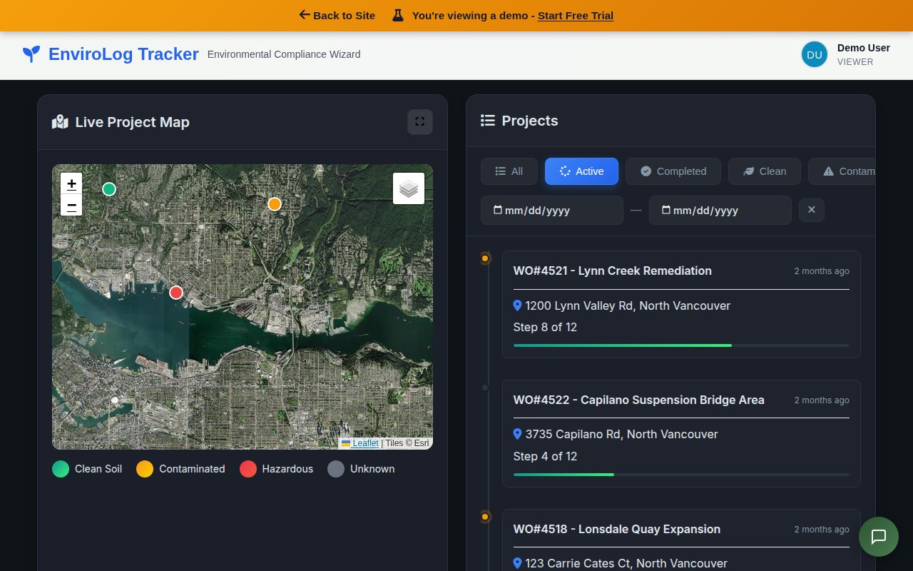 EnviroLog multi-project dashboard with map and project timeline