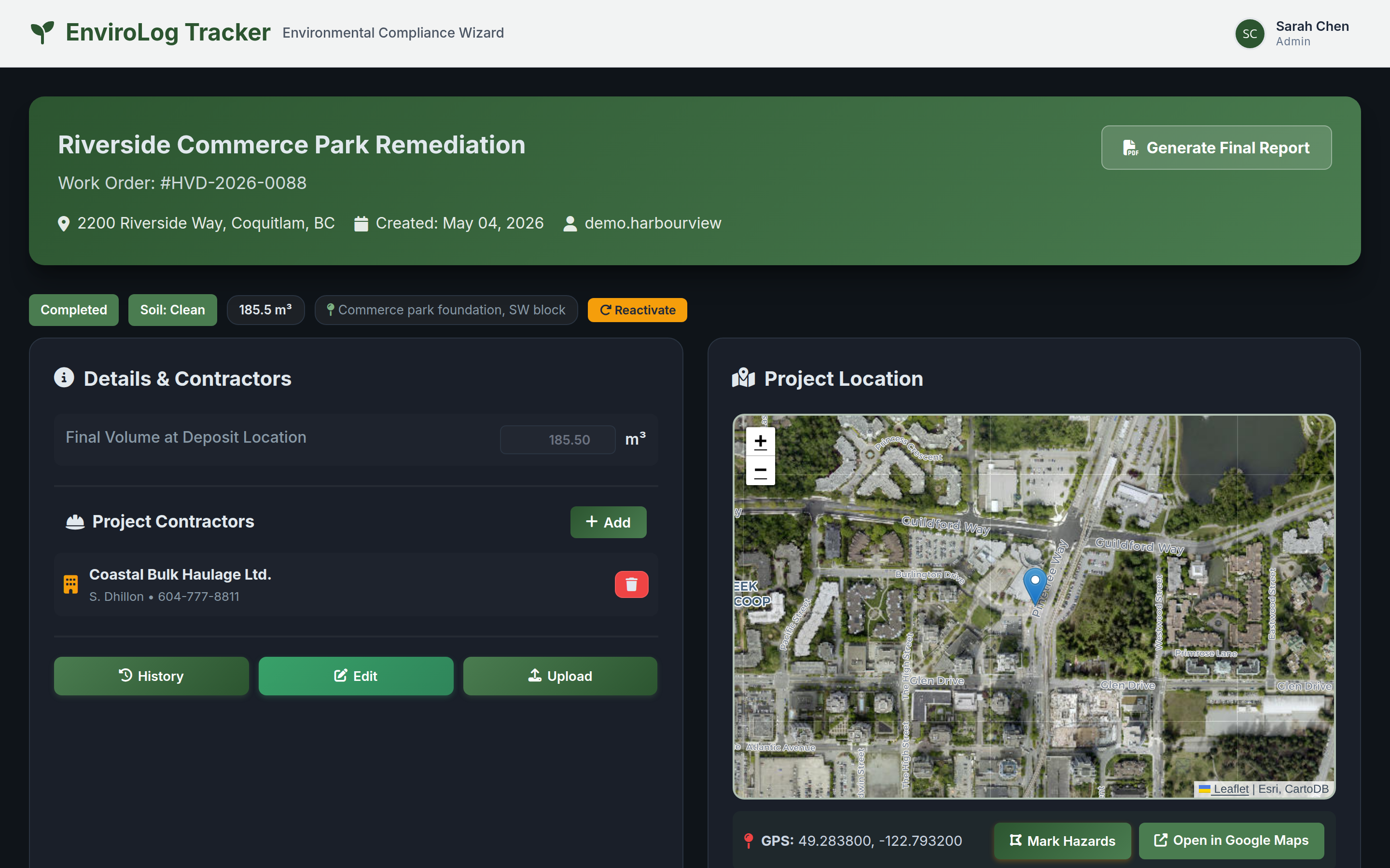 A completed EnviroLog soil job showing status, contractors and the project location map